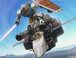  aircraft blue_sky canards cannon day energy_sword fighting_stance flying g-fighter gundam helmet mecha mobile_suit_gundam mountain no_humans oldschool pilot pilot_suit realistic riding robographer rx-78-2 shield sky space_craft spacesuit starfighter sword weapon 