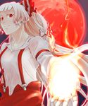  bad_id bad_pixiv_id bow close-up fire fujiwara_no_mokou full_moon hair_bow hands highres hikarinoko long_hair looking_at_viewer looking_down moon outstretched_hand red_eyes red_moon smile solo suspenders touhou white_hair 
