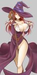  bare_shoulders between_legs bottomless breasts brown_eyes brown_hair curvy detached_sleeves dragon's_crown dress dress_tug hat hat_over_one_eye highres huge_breasts legs long_hair long_legs no_panties okitakung red_hair side_slit simple_background solo sorceress_(dragon's_crown) staff strapless strapless_dress thighs witch_hat 