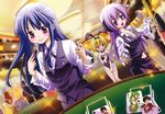  baseball_bat blonde_hair blue_hair blush bow bowtie breasts bunnysuit card casino casino_card_table cleavage croupier dutch_angle falling_card fishnet_pantyhose fishnets formal furude_rika gambling hanyuu hat hatchet higurashi_no_naku_koro_ni holding holding_card houjou_satoko long_hair maebara_keiichi medium_breasts momoyama_hinase multiple_girls oriental_hatchet pant_suit pantyhose playing_card purple_eyes purple_hair red_eyes ryuuguu_rena scan short_hair siblings sisters sonozaki_mion sonozaki_shion sparkle suit twins vest 