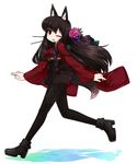  animal_ears black_hair black_legwear boots flower full_body hair_flower hair_ornament hairpin highres japanese_clothes kimono kt2 long_hair one_eye_closed original pantyhose print_legwear red_eyes smile solo tail wolf_ears wolf_tail 