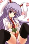  :3 animal_ears black_legwear blush_stickers breasts bunny_ears cameltoe carrot covered_nipples kurowana lavender_hair long_hair medium_breasts necktie no_pants open_clothes open_shirt panties pink_panties red_eyes red_neckwear reisen_udongein_inaba sexually_suggestive shirt solo spread_legs thighhighs touhou underwear very_long_hair 