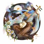  blue_hair chinese_clothes fish flower full_body kaito male male_focus nature outdoors sky solo vocaloid 