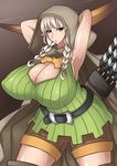  1girl alternate_breast_size arms_behind_head arrow arrows artist_request belt blonde_hair blush boots braid breasts brown_eyes cameltoe cape cleavage dragon&#039;s_crown dragon's_crown elf elf_(dragon&#039;s_crown) elf_(dragon's_crown) erect_nipples hips hood huge_breasts otogi_tetsurou pointy_ears shorts thigh_boots thighhighs twin_braids vanillaware wide_hips 