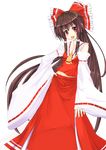 bad_id bad_pixiv_id bow brown_hair detached_sleeves hair_bow hakurei_reimu hand_on_hip long_hair niboss open_mouth red_eyes solo touhou very_long_hair 