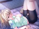  1boy 1girl atelier_kaguya bed bike_shorts blonde_hair blush breasts censored cg crotch_rub cum cum_in_face cum_on_arm cum_on_body cum_on_clothes cum_on_upper_body dry_humping erect_nipples facial game_cg gold_eyes grinding humping lying penis shorts smile spandex thigh_sex thighs yellow_eyes 