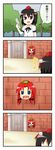  4koma black_hair blue_eyes blush blush_stickers bow braid brick_wall chibi comic gate hair_bow hat hong_meiling kimineri multiple_girls newspaper shameimaru_aya star tokin_hat touhou translated tree wall 