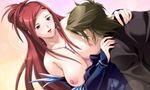  1girl bare_shoulders blue_eyes breast_feeding breasts happy jewelry large_breasts necklace oppai red_hair smile 
