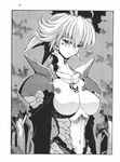  armor breasts celia_mauser earrings greyscale highres jewelry large_breasts mogudan monochrome necklace scan scrapped_princess short_hair solo volume_13 