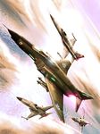  ace_combat_5 afterburner aim-9_sidewinder aircraft airplane cloud condensation_trail dutch_angle f-4_phantom_ii f-5_freedom_fighter fighter_jet flying highres jet military military_vehicle missile no_humans ocean pilot signature sky sun zephyr164 