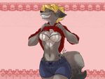  4:3 bra breasts canine cinnamonhunter clothing eyes_closed female mammal shirt shirt_lift solo underwear wallpaper wolf 