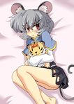  :&lt; animal animal_ears animal_hug ass bare_legs blush capelet chibi dress grey_hair hair_ornament harukatron lying mouse_ears mouse_tail nazrin on_side red_eyes solo stuffed_toy tail tears tiger toramaru_shou touhou 