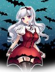  bat black_legwear breasts dress fang fingerless_gloves garter_straps gloves hairband idolmaster idolmaster_(classic) idolmaster_2 kanraku large_breasts long_hair my_dear_vampire night open_mouth red_eyes shijou_takane silver_hair smile solo spider_web_print star thighhighs too_many too_many_bats vampire 