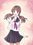  :d brown_hair open_mouth original purple_eyes school_uniform serafuku skirt smile solo twintails yakka 