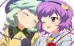  bad_id bad_pixiv_id blush closed_eyes face grey_hair hat komeiji_koishi komeiji_satori multiple_girls one_eye_closed purple_hair red_eyes short_hair siblings sisters smile third_eye tonbi touhou 