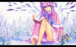  bad_id bad_pixiv_id bare_legs barefoot book flower hair_ribbon hat lavender_(flower) letterboxed long_hair on_ground patchouli_knowledge purple_eyes purple_hair ribbon sitting smile solo touhou ushi_(newrein) wings 
