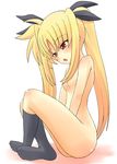  :o black_legwear blonde_hair blush breasts collarbone convenient_censoring eyebrows_visible_through_hair fate_testarossa full_body hair_censor indian_style kneehighs long_hair lyrical_nanoha mahou_shoujo_lyrical_nanoha nude parted_lips red_eyes sawa_(snack_yoshie) sitting small_breasts solo tareme 