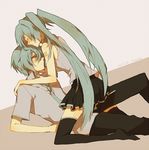  1girl bad_id bad_pixiv_id closed_eyes genderswap genderswap_(ftm) green_eyes green_hair hatsune_miku hatsune_mikuo long_hair necktie ren_(pixiv) skirt straddling thighhighs twintails very_long_hair vocaloid 