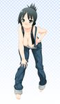  akiyama_mio alternate_hairstyle barefoot bent_over black_eyes black_hair blush breasts cleavage hair_up hand_on_hip hanging_breasts k-on! kesuida large_breasts long_hair naked_overalls nipples overalls solo 