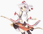 animal_ears arrow bad_id bad_pixiv_id bare_shoulders black_legwear blush bow_(weapon) brown_eyes detached_sleeves fang hat inubashiri_momiji open_mouth red_eyes short_hair silver_hair simple_background skirt solo tail takashiru thighhighs tokin_hat touhou weapon wolf_ears wolf_tail 