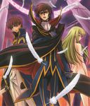  1girl 2boys absurdres black_hair brown_hair c.c. cape clothed_male_nude_female code_geass expressionless feathers green_eyes green_hair highres kimura_takahiro kururugi_suzaku lelouch_lamperouge long_hair looking_at_viewer looking_back male multiple_boys nude official_art ookouchi_ricca profile ricca serious short_hair standing uniform zero_(code_geass) 