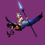  armor armored_dress dress feathers gwendolyn hair_up highres odin_sphere polearm purple_background simple_background solo strapless strapless_dress trnth weapon wings 