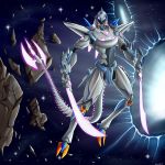  dual_wielding energy_sword glowing glowing_eyes highres holding holding_sword holding_weapon lady-yuna7 looking_at_viewer mecha no_humans no_pupils portal_(object) purple_eyes sincline_(mecha) space star sword tagme tail voltron:_legendary_defender weapon 