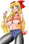  1girl aino_minako aono6go artist_request bishoujo_senshi_sailor_moon blonde_hair blue_eyes blush bow breasts character_request choker earrings elbow_gloves erect_nipples food gloves hair_bow jewelry large_breasts long_hair pantyhose popsicle sailor_venus smile solo takeshi_aono underboob 