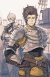  2boys armor artist_name belt black_gloves blonde_hair brown_gloves brown_hair crossed_arms facial_hair frown gloves granblue_fantasy hand_on_hip looking_at_viewer male_focus multiple_boys outdoors rackam_(granblue_fantasy) rigging siete standing stubble white_sky yoisho_(yoisyoisyo) 