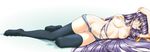  1girl arieta_lyuis breasts growlanser growlanser_ii highres long_hair long_image navel nipples nude pantsu pubic_hair purple_eyes purple_hair ribbon solo thighhighs urushihara_satoshi very_long_hair wide_image 