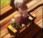  archery_compound_bow hair_bells hands_on_lap hoshizora_e_kakaru_hashi ribboned_bag_design ribbons school_uniform screen_capture shadow short_white_hair sunset tagme 