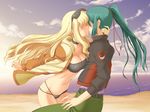  1girl aokihoshi bandeau bikini blonde_hair blue_hair couple hetero long_hair macross macross_frontier ocean ponytail saotome_alto sheryl_nome strapless sunglasses swimsuit tubetop 