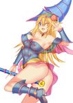  \m/ ass bare_shoulders blonde_hair blue_eyes blue_footwear blush_stickers boots breasts daive dark_magician_girl duel_monster hat highres large_breasts long_hair nipples no_panties pentacle pentagram scepter see-through simple_background solo wizard_hat yuu-gi-ou yuu-gi-ou_duel_monsters 
