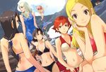  absurdres arms_behind_back baccano! back belt bikini black_hair blonde_hair breasts brown_eyes casual_one-piece_swimsuit cave chane_laforet character_request chin_rest claire_stanfield cleavage dress dutch_angle edith_(baccano!) enami_katsumi ennis firo_prochainezo floating halterneck highres isaac_dian knife long_hair looking_back medium_breasts miria_harvent multiple_girls navel official_art one-piece_swimsuit peeping red_hair rock scan scan_artifacts shark short_hair silver_hair sitting smile standing swimsuit weapon 