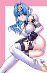  ass bare_shoulders blue_hair boots breasts elbow_gloves gloves kos-mos large_breasts long_hair lying nakajima_rei nipples on_side panties red_eyes solo thigh_boots thighhighs underwear white_panties xenosaga 