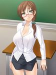  aqua_eyes bad_id bad_pixiv_id blush breasts brown_hair chalkboard cleavage desk highres large_breasts long_hair miniskirt original pencil_skirt scrunchie side_slit skirt solo teacher thighs totokichi 