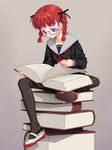  book book_focus braid flat_chest full_body glasses hair_ribbon happy highres looking_down miyama_amehiko original pantyhose purple_eyes reading red_hair ribbon school_uniform serafuku shoe_dangle shoes simple_background sitting smile solo spread_legs twin_braids 