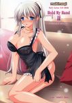  apron ass blue_eyes blush breasts cleavage cover doujinshi highres huge_breasts jewelry kafu long_hair mabinogi naked_apron nao_(mabinogi) necklace ribbon ring silver_hair solo twintails white_hair 