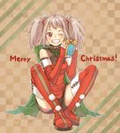  bare_shoulders boots christmas elbow_gloves fingerless_gloves gift gloves grey_hair grin one_eye_closed original purple_eyes red_gloves shorts sitting smile solo thigh_boots thighhighs twintails yuuryuu_nagare 