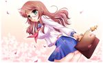  bag black_legwear blush breasts brown_hair cellphone_strap glasses green_eyes highres hinata_terrace lens_flare long_hair medium_breasts panties pantyshot petals pink_panties sakaki_natsu school_bag school_uniform serafuku solo thighhighs underwear wallpaper yamanaka_fumika 