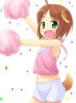  ahoge animal_ears blush brown_hair cheerleader confetti dog_ears dog_tail fang green_eyes inuarashi meiko_(inuarashi) original pom_poms short_hair skirt solo tail 