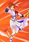  black_gloves bow bowtie dress fingerless_gloves full_body gloves holding holding_weapon lance left-handed long_skirt long_sleeves looking_at_viewer lyrical_nanoha magazine_(weapon) magical_girl mahou_shoujo_lyrical_nanoha mahou_shoujo_lyrical_nanoha_a's orange_background polearm puffy_sleeves purple_eyes raising_heart red_bow red_hair red_neckwear shoes simple_background skirt solo spear takamachi_nanoha twintails uka weapon white_devil white_dress winged_shoes wings yuuka_(o.t.kingdom) 