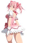  alternate_breast_size ass back back_cutout bangs blush bow breasts choker dress frills from_behind gloves gradient hair_bow heart heart_cutout highres kaname_madoka large_breasts looking_at_viewer looking_back magical_girl mahou_shoujo_madoka_magica naughty_face pink_eyes pink_hair red_choker shin'ya_(shin'yanchi) short_dress short_hair short_twintails sideboob simple_background smile solo standing thighs twintails white_gloves 