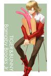  bad_id bad_pixiv_id barnaby_brooks_jr belt blonde_hair boots chair doll glasses green_eyes jacket jewelry male_focus necklace red_jacket sitting sitting_backwards solo studded_belt stuffed_animal stuffed_bunny stuffed_toy three_plates tiger_&amp;_bunny 