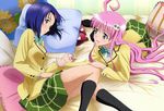  absurdres artist_request bed blue_hair blush green_eyes highres lala_satalin_deviluke long_hair lying multiple_girls official_art peke pillow pink_hair plaid plaid_skirt purple_eyes sairenji_haruna scan school_uniform short_hair skirt to_love-ru 