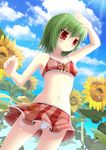  bandeau bikini bikini_skirt cameltoe cloud day flower green_hair kazami_yuuka navel panties pantyshot plaid plaid_bikini red_eyes shading_eyes short_hair skirt sky solo sparkle sunflower sunlight swimsuit touhou underwear white_panties zhandou_greymon 