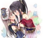  atelier_(series) atelier_meruru atelier_totori black_hair blue_eyes blue_sleeves blush eye_contact face-to-face gloves grey_hair hands_on_shoulders hat imminent_kiss leaning_forward long_hair looking_at_another maromi_(am97) mimi_houllier_von_schwarzlang multiple_girls purple_eyes totooria_helmold yuri 