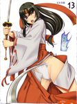  absurdres black_hair eiwa fundoshi hakama headband highres japanese_clothes long_hair low-tied_long_hair miko ofuda open_mouth purple_eyes queen's_blade red_hakama ribbon-trimmed_sleeves ribbon_trim solo sword tearing_clothes tomoe torn_clothes weapon wince 