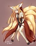  animal_ears ban'ya_(konshin) blonde_hair blush colorized dated green_eyes hair_ribbon konshin long_hair mitsuru_(pipi2001) open_mouth original pixiv_forest ribbon solo striped striped_legwear tail thighhighs translated vertical-striped_legwear vertical_stripes white_legwear 