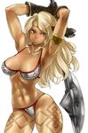  amazon_(dragon's_crown) armlet armpits arms_up bad_id bad_pixiv_id bikini blonde_hair circlet dragon's_crown gloves gus_(clarkii) halberd lips long_hair panties polearm solo swimsuit tan tattoo thong thong_bikini underwear weapon 